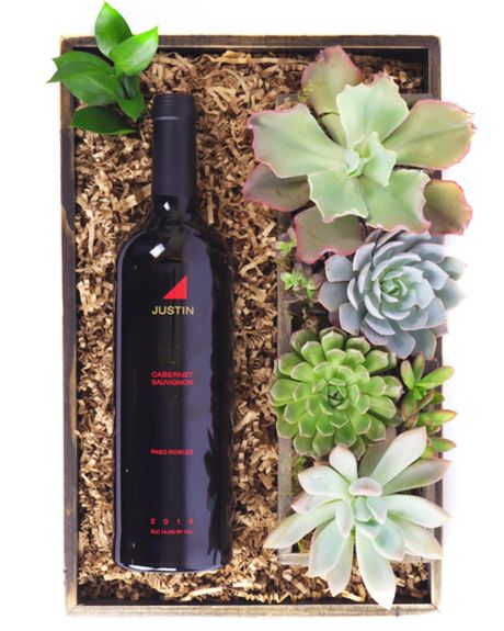 Wine and Succulents-justin cabernet savignon wine and succulents are crafted into a rustic wood gift box-Wine