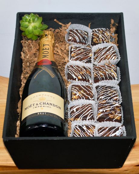 Champagne and Brownies-Delicious, mouth watering Brownies are paired with Wine or Champagne in a Wood gift box. The brownies are baked daily by Babbette Bakery, one of the top bakeries in Long Beach.-Gift basket  



