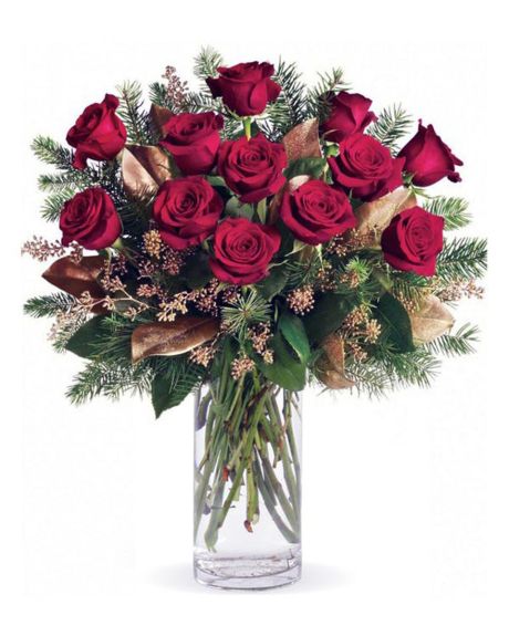 christmas roses-Christmas Roses - Beautiful rose blossoms mixed with salal, eucalyptus and golden fir branches in a clear glass vase. -Roses