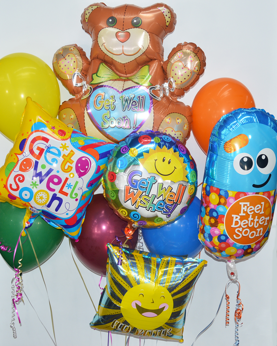 Get Well Balloon Bouquet Premium Assorted latex and Get Well Mylars are made into a balloon bouquet.
DELIVERY: Every order is hand-delivered direct to the recipient. These items will be delivered by us locally, or a qualified, retail, local florist.