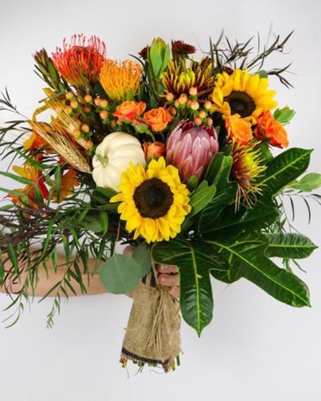 Handful of Fall (Hand Tied Bouquet)-Fall foliage, flowers, and decorstions comprise this hand tied bouquet-Flower Shopping