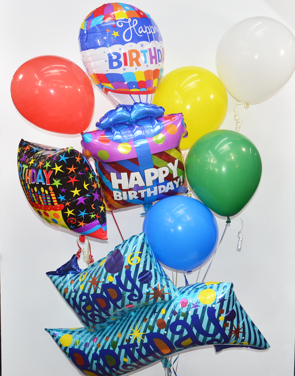 Birthday Balloon Bouquet Premium Happy Birthday Mylar Balloons and  different colors of Latex Balloons are arranged in a balloon bouquet and attached to a Festive weight bag. 
DELIVERY: Every order is hand-delivered direct to the recipient. These items will be delivered by us locally, or a qualified, retail, local florist.