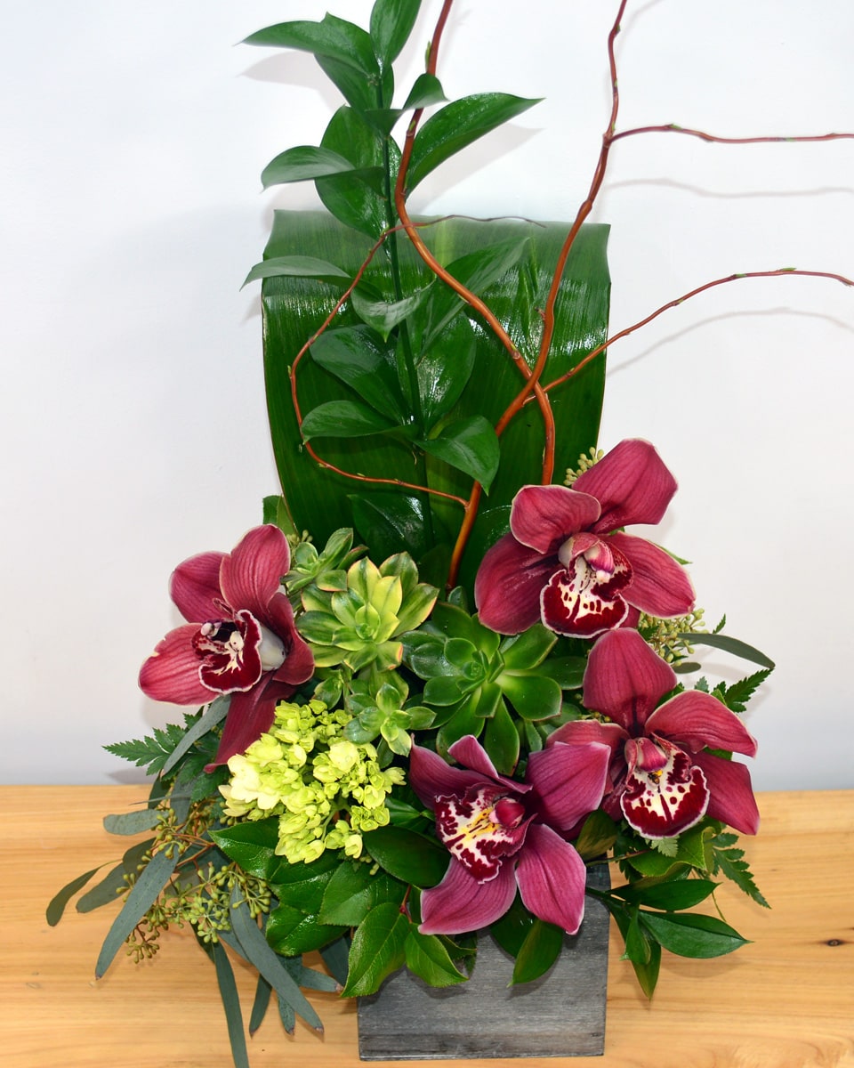 Islands Standard Islands-Luscious, exotic cymbidium orchids and tropical greens are elegantly arranged in a rustic wood box.
DELIVERY: Every order is hand-delivered direct to the recipient. These items will be delivered by us locally, or a qualified retail local florist.
