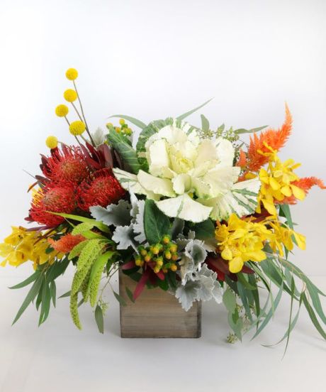 Organic Expressions-Locally grown kale and pincushion protea are featured alongside a mesmerizing array of premium florals and accents in this gorgeous design presented in a chic wooden box.-floral arrangements