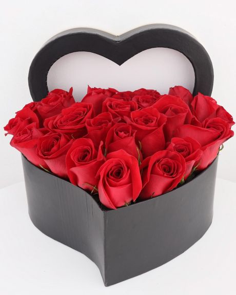 Noir Heart of Roses-24 red roses arranged in a noir heart box-Roses
