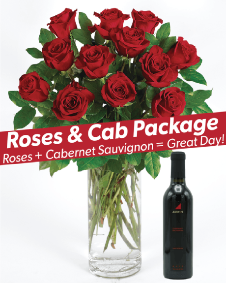 Roses and cab packag-Long Stem Ecuadoran Roses are designed and presented in a clear glass vase and accompanied by a bottle of Justin Cabernet.-Roses and wine