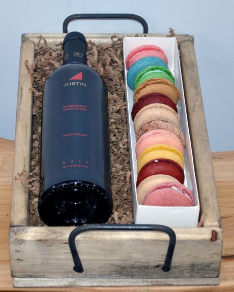 Wine and French Macaroons-Sumptuous French Macaroons and a Wine or Champagne of your choice are paired and crafted in a rustic wood crate-wine gift crate